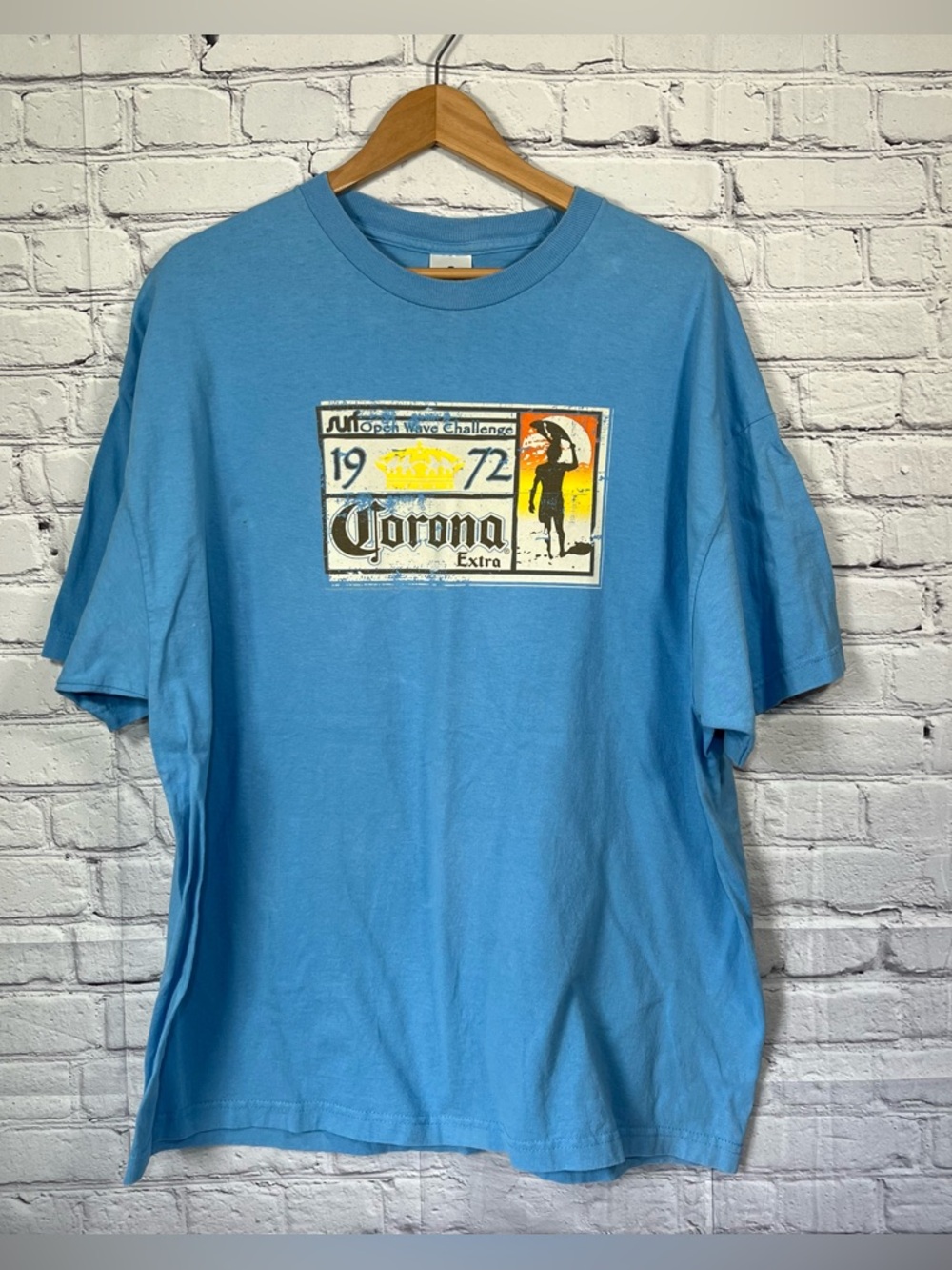 Vintage Corona Extra Surf Open Wave Challenge T-Shirt Mens 2XL Blue Beer Promo